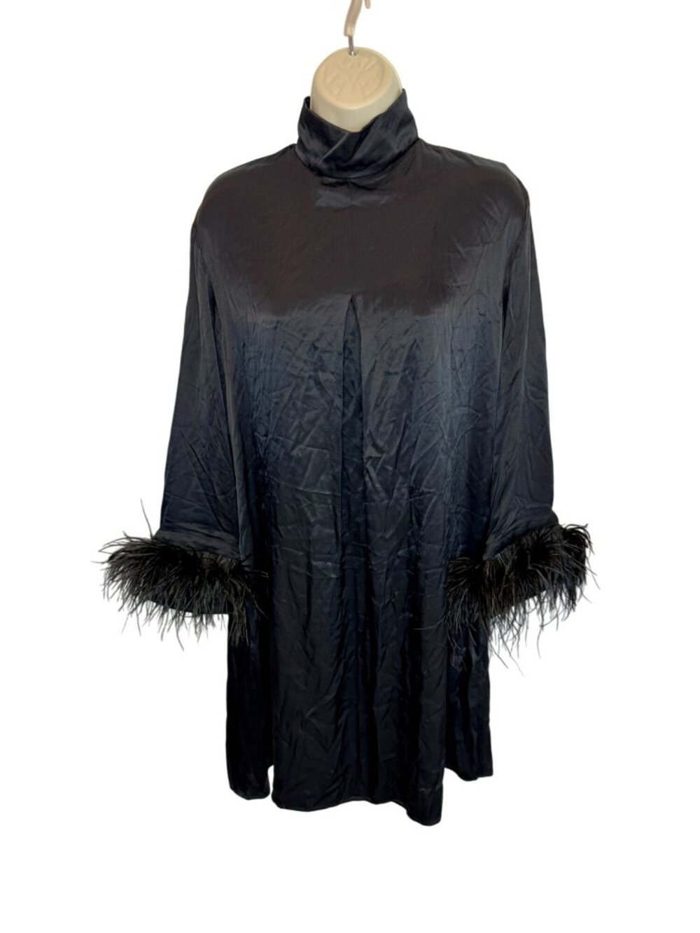 SLEEPER Black Party Long-Sleeve Feather Trim Mini Shirt Dress NWT - Size S - Picture 2 of 9